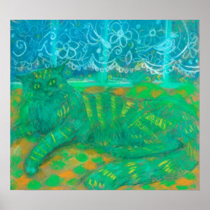 Poster Turquoise Chat Pastel Peinture Animaux de compagni