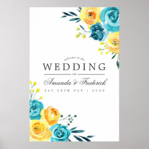 Poster Turquoise et Jaune Floral Mariage Bienvenue
