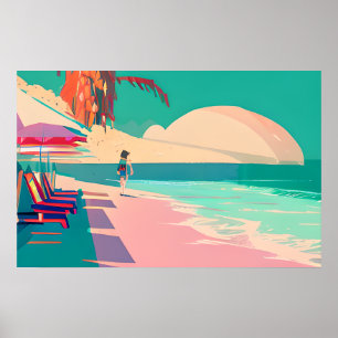 Poster Turquoise et Peach Beach Abstrait AI Art