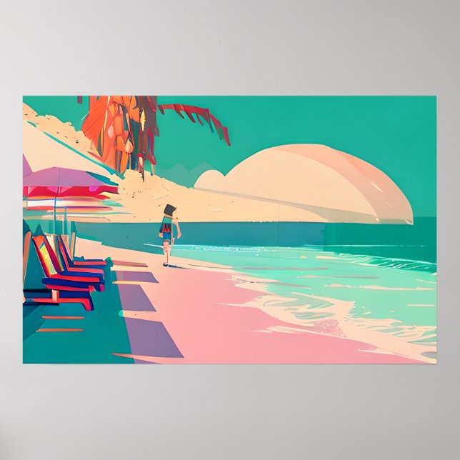 Poster Turquoise et Peach Beach Abstrait AI Art (Devant)