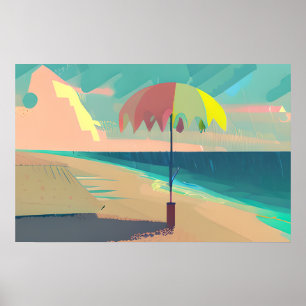 Poster Turquoise et Peach Beach, Mountain et Umrella