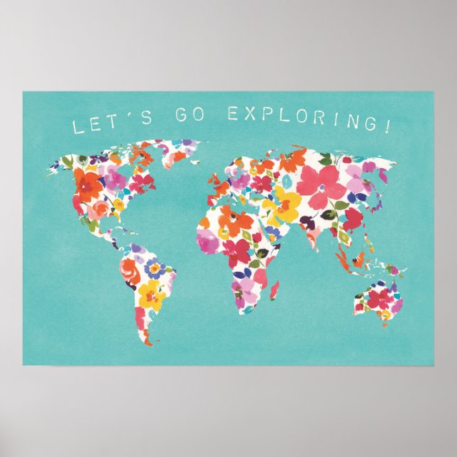 Poster Turquoise Floral mondial brillant (Devant)