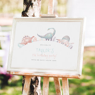 Poster Turquoise & Gold Girl Dinosaur fête d'anniversaire