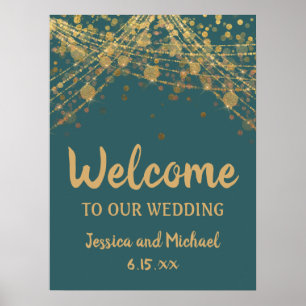 Poster Turquoise Gold String Lights Bokeh Mariage Bienven