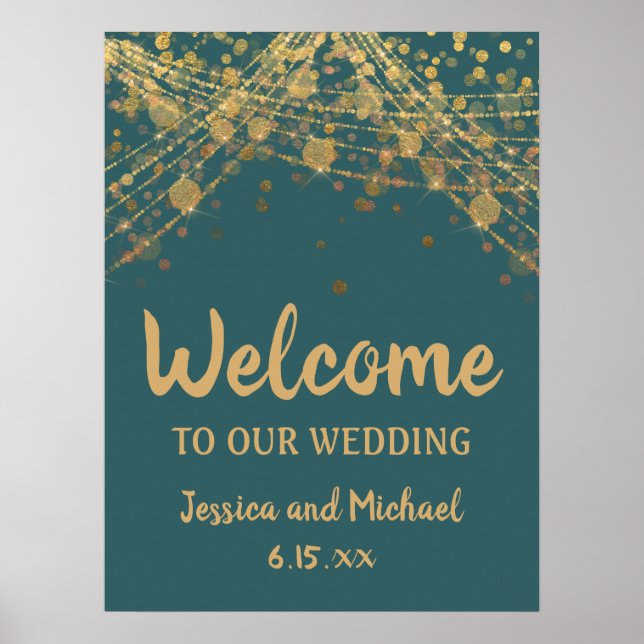 Poster Turquoise Gold String Lights Bokeh Mariage Bienven (Devant)