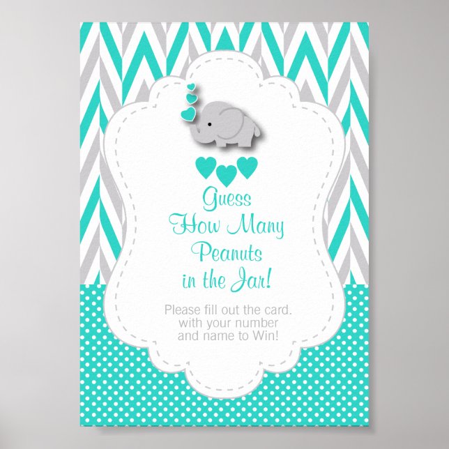 Poster Turquoise, Gris Blanc Eléphant Instruction de jeu (Devant)