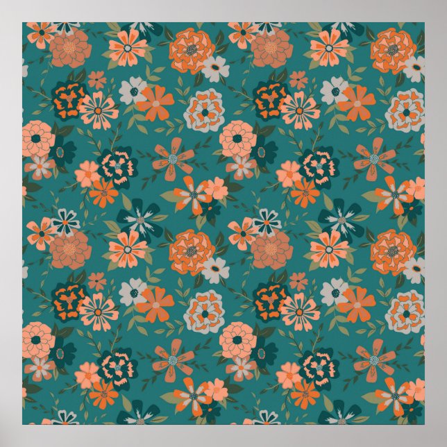 Poster Turquoise Orange tendance Floral Vine Motif (Devant)