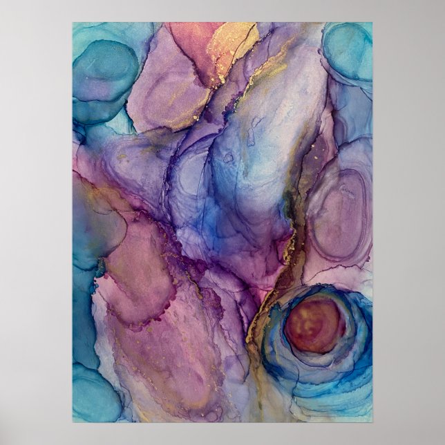 Poster Turquoise, rose, violet et or Art de l'encre Abstr (Devant)