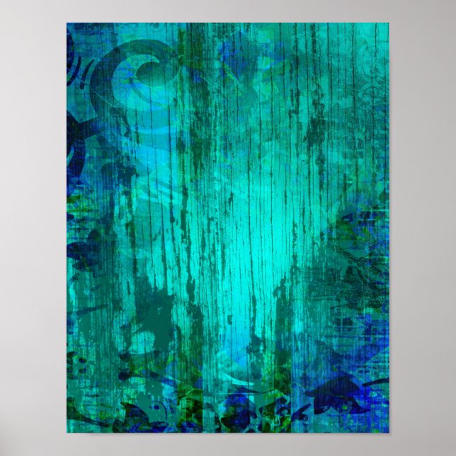 Poster Turquoise Rustique Floral Patiné Grain de bois (Devant)