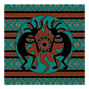 Poster Turquoise Sun tribal Kokopelli de sud-ouest