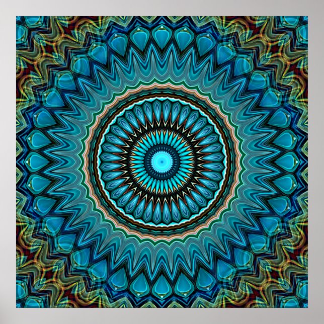 Poster Turquoise Turquoise Vert Mandala Round Star Motif (Devant)
