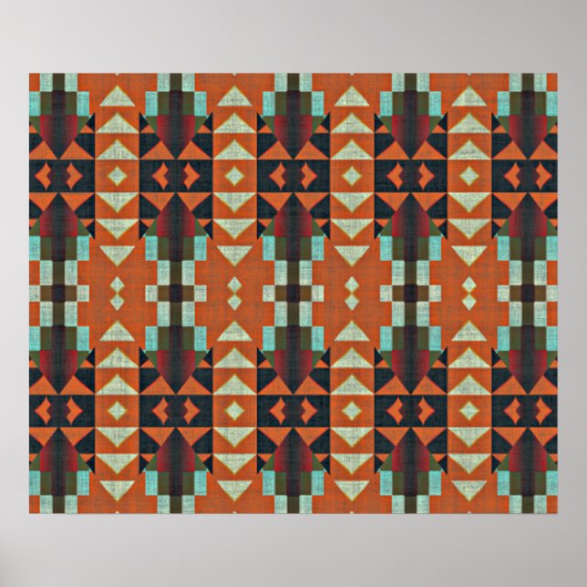 Poster Turquoise Vert Orange Rouge Ethnic Tribal Mosaic (Devant)