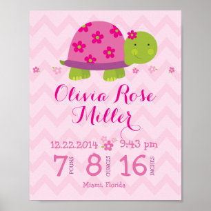Poster Turtle Pink Personalized Birth Stats Announcement
