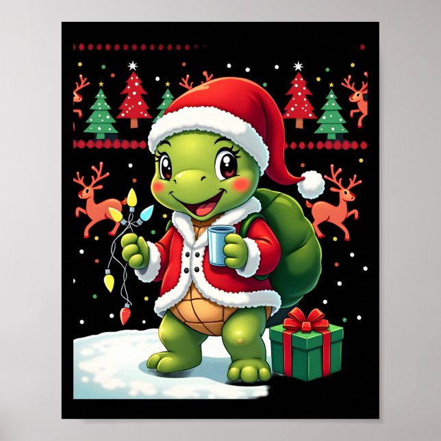Poster Turtle Xmas Lights Ugly Santa Turtle Christmas Tan (Devant)