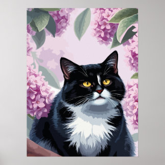 Poster Tuxedo cat with lilac flowers, cute floral cat
