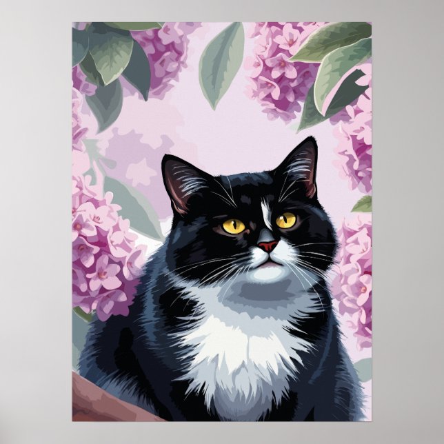 Poster Tuxedo cat with lilac flowers, cute floral cat (Devant)