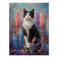 Tuxedo Chat Colorful Lupine Fleurs Peinture