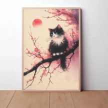 Tuxedo Chat sur la fleur de cerise esthétique japo