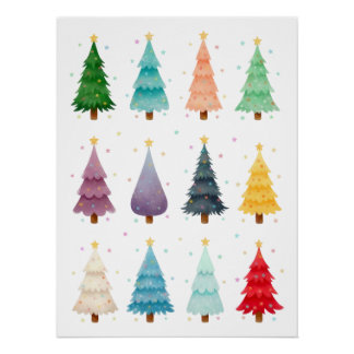Poster Twelve Festive Christmas Trees, watercolor