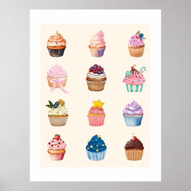 Poster Twelve Watercolor Cupcakes (Devant)