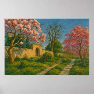 Poster Twin Blossoms - Peinture sur le chemin de jardin p