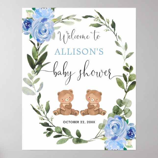 Poster Twin boys teddy bear baby shower signe de bienvenu (Devant)