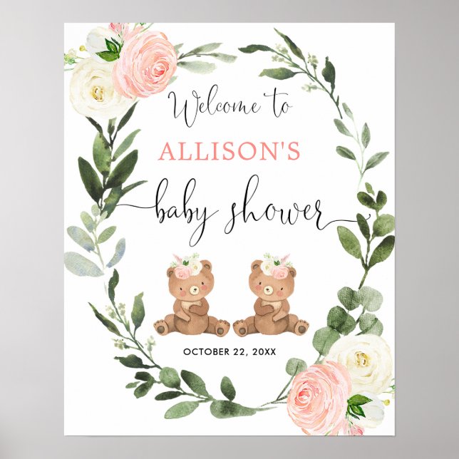Poster Twin girls teddy bear baby shower signe de bienven (Devant)