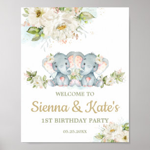 Poster Twins Elephant Twin Girls 1er anniversaire Bienven