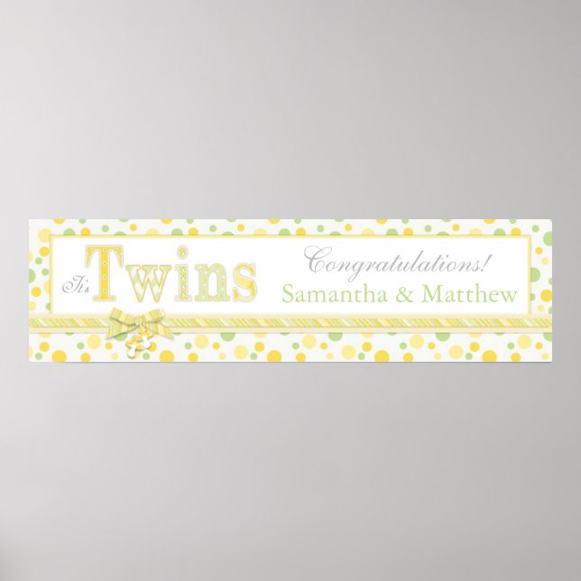 Poster TWINS Mint Green Yellow Dots Baby shower Bannière (Devant)