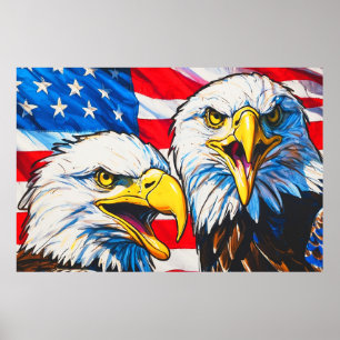 Poster Two Eagles Talking - Drapeau américain et Aigles c