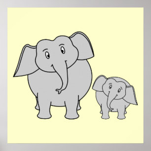 Poster Two Elephants. Cute Adult and Baby Cartoon.