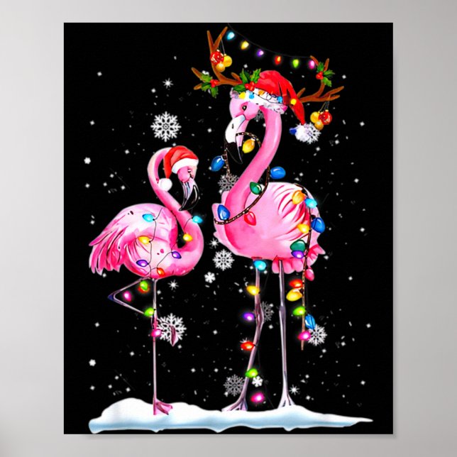 Poster Two Flamingo With Santa Hat And Lights Merry Chris (Devant)