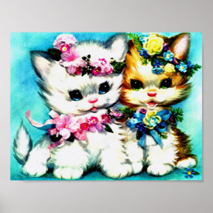 Poster two kittens and lots of flowers