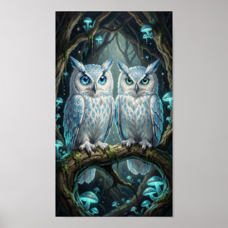 Poster Two wise, ancient white blue owls