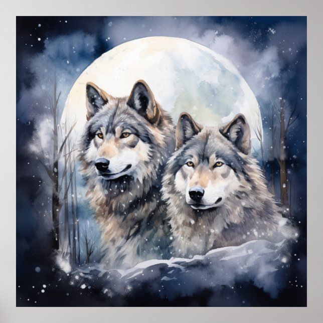 Poster Two Wolves in Winter (Devant)