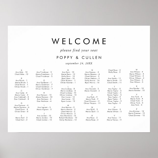 Poster Typographie chic Diagramme de siège horizontal (Devant)