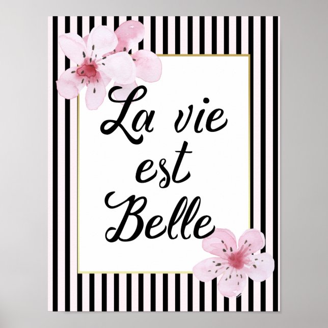 Poster Typographie française Blossoms rayés noirs et rose (Devant)