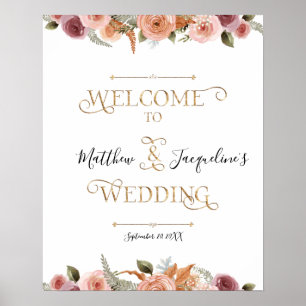 Poster Typographie or Dusty Blush Floral Mariage de bienv