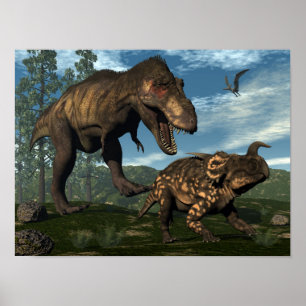 Poster Tyrannosaurus rex attaque einiosaurus dinosaure