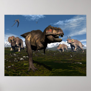 Poster Tyrannosaurus rex attaqué par triceratops dinosaur