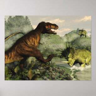 Poster Tyrannosaurus rex combat contre le styracosaure