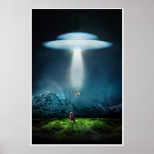 Poster UFO et enfant dans le domaine à l'affiche de nuit