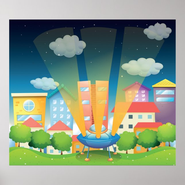 Poster UFO Landing in a Bright City Night Scene (Devant)
