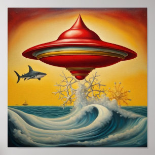 Poster Ufo survolant les vagues d'art mural