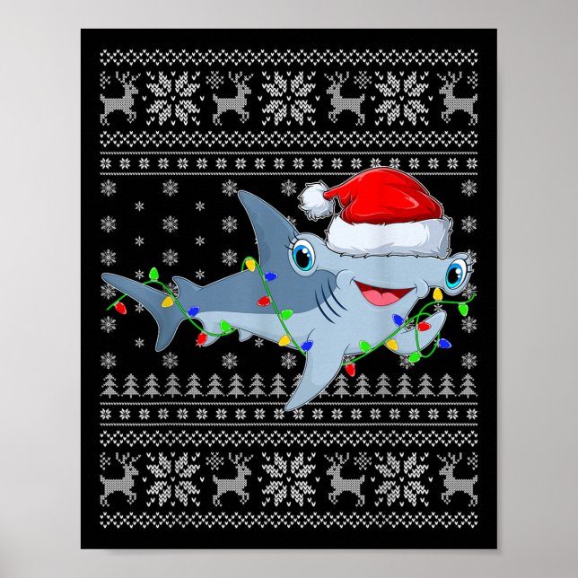 Poster Ugly Sweater Xmas Lights Santa Hammerhead Shark Ch (Devant)