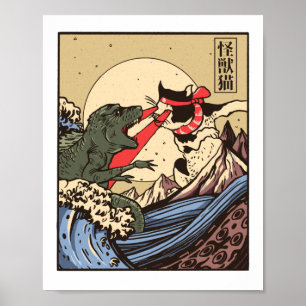 Poster Ukiyo-e Catzilla Samurai contre Giant Kaiju