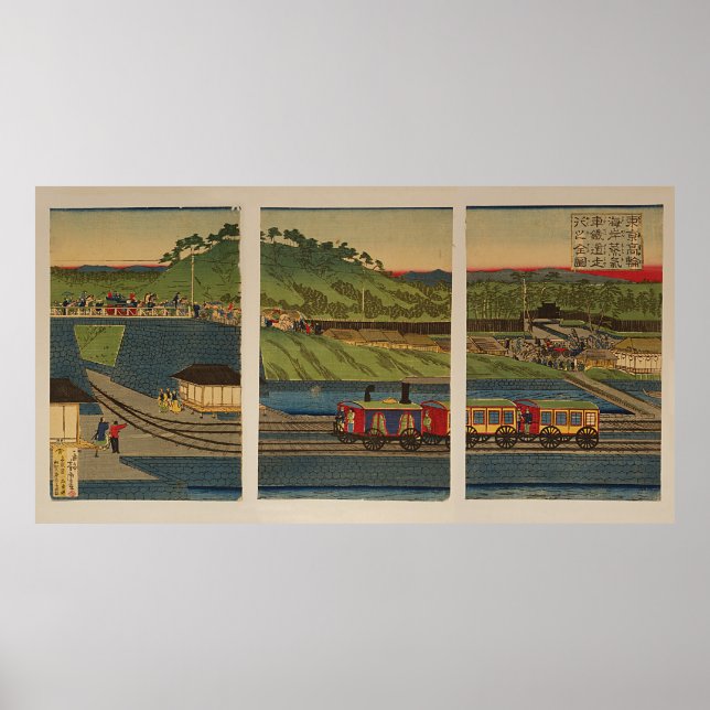 Poster Ukiyo-e Triptych : Train à vapeur sur la côte Taka (Devant)