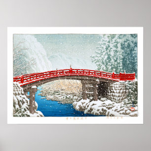 Poster ukiyoe - hasui - m12 - Neige au pont Shinkyo, ...