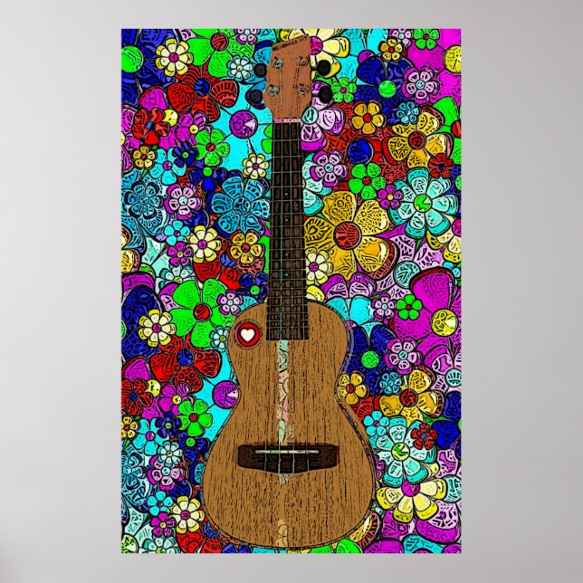 Poster Ukulele avec Fleurs de Hip Super et Coeur (Devant)