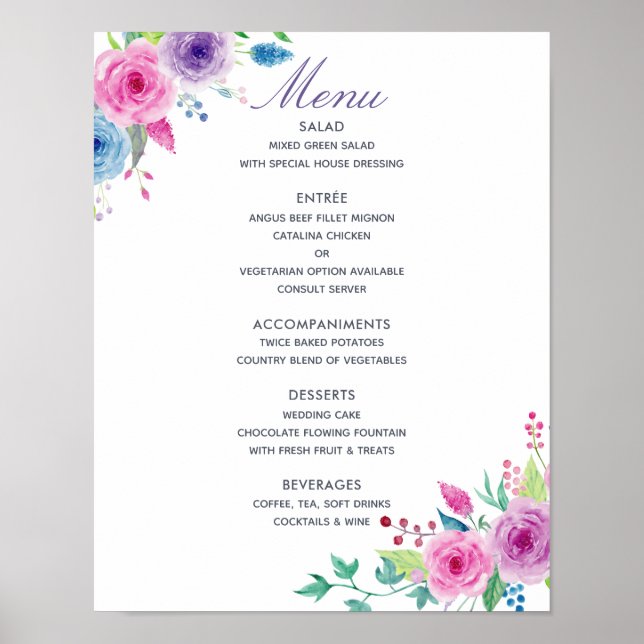 Poster Ultra Violet Mix Aquarelle Floral Menu Mariage (Devant)